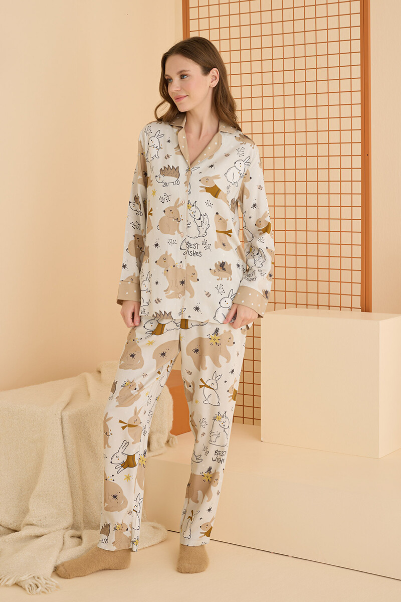 Bej Animals Önden Düğmeli Pijama Takımı - 3