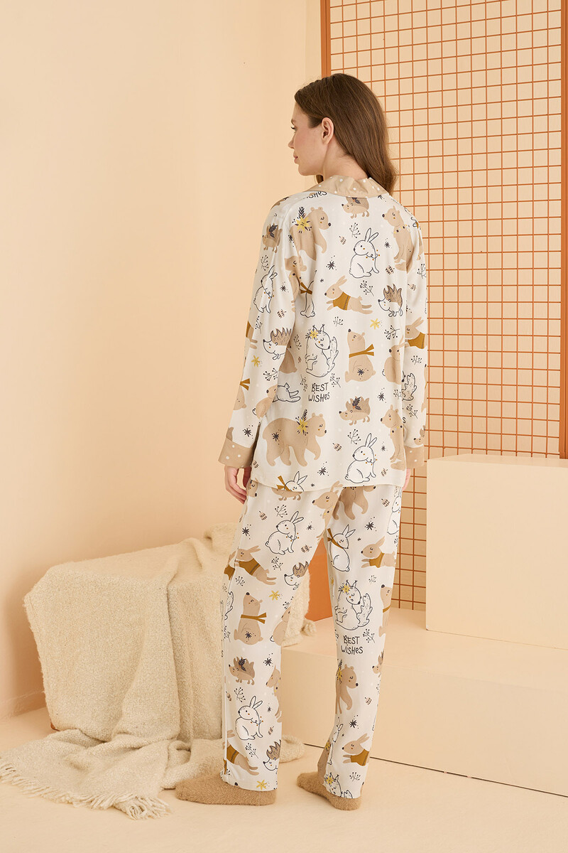 Bej Animals Önden Düğmeli Pijama Takımı - 4