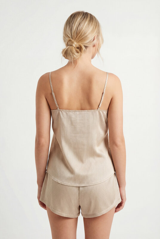 Bej Dantel Detaylı Minimal Çizgili Askılı Şort Takım - NBB