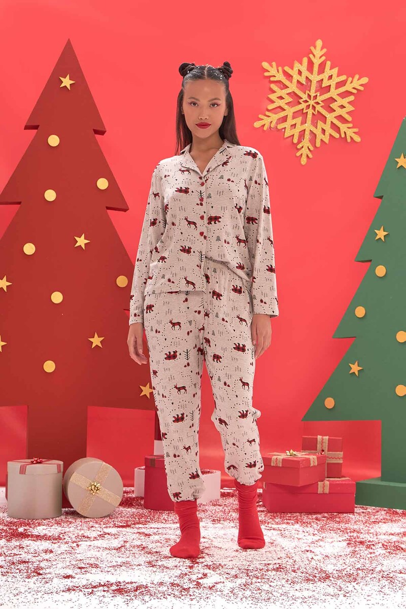 Bej Melanj Geyikli Gömlekli Pijama Takımı - 2