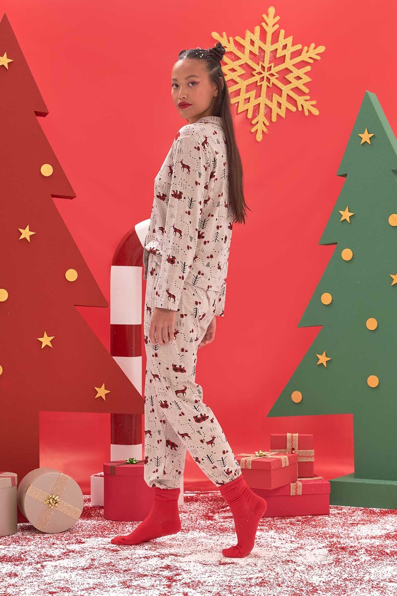 Bej Melanj Geyikli Gömlekli Pijama Takımı - 3