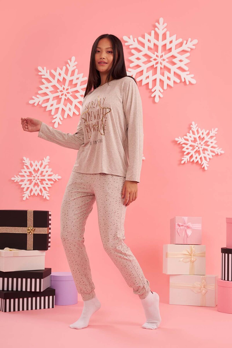 Bej Melanj Star Pattern Pijama Takımı - 1