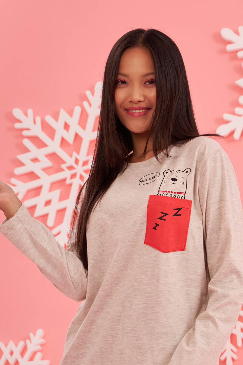 Bej Melanj Teddy Bear Pattern Pijama Takımı - 2