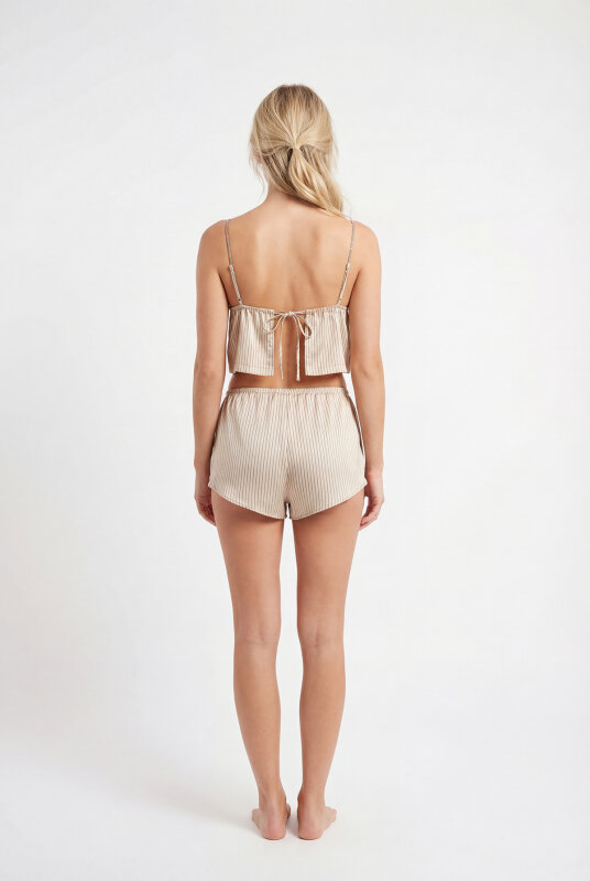 Bej Minimal Çizgili Askılı Şortlu Takım - NBB