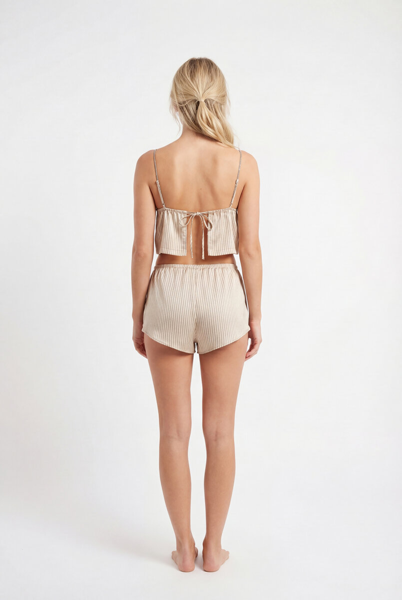 Bej Minimal Çizgili Askılı Şortlu Takım - 3