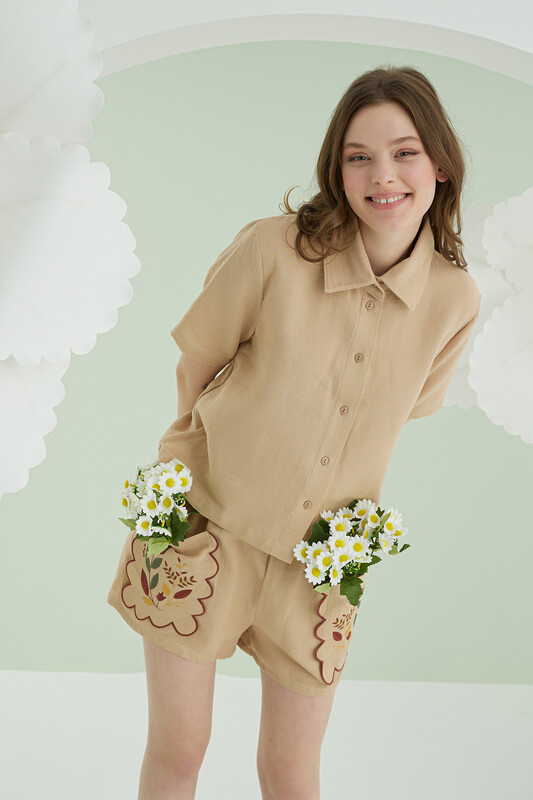 Bej Nakışlı Müslin Önden Düğmeli Şortlu Takım - NBB