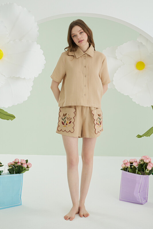 Bej Nakışlı Müslin Önden Düğmeli Şortlu Takım - NBB