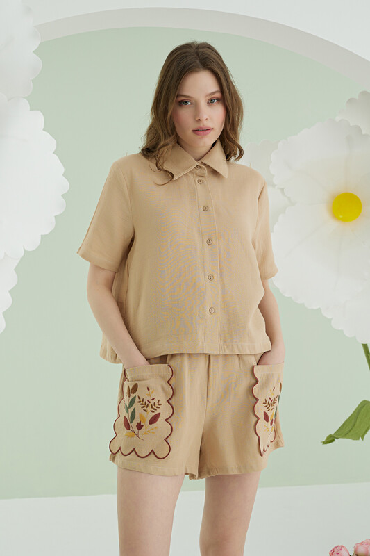 Bej Nakışlı Müslin Önden Düğmeli Şortlu Takım - NBB