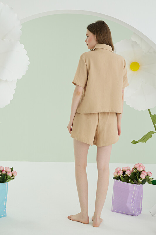 Bej Nakışlı Müslin Önden Düğmeli Şortlu Takım - NBB