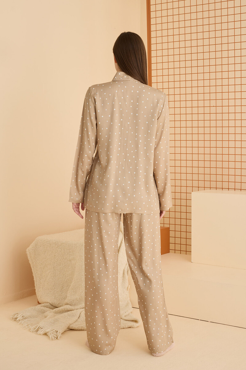 Bej Rabbit Puantiyetli Önden Düğmeli Pijama Takımı - 3