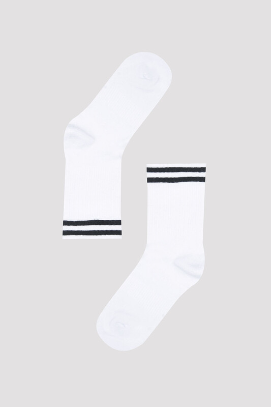 Beyaz Çizgili Bambu Soket Çorap - Thumbnail