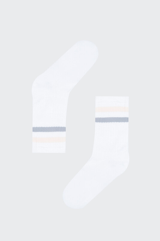 Beyaz Çizgili Havlu Soket Çorap - Thumbnail