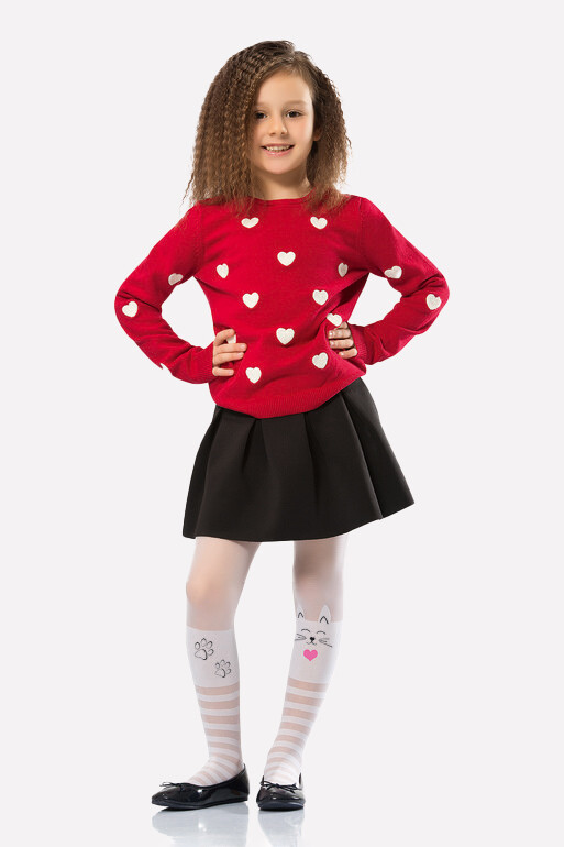 Beyaz Çizgili Kedi Desenli Külotlu Çocuk Çorabı - NBB