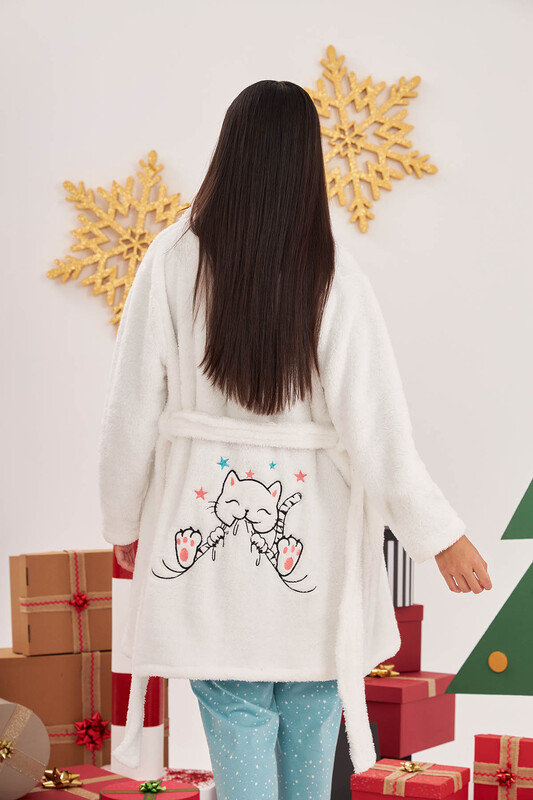 Beyaz Cute Cat Welsoft Tek Sabahlık - Thumbnail