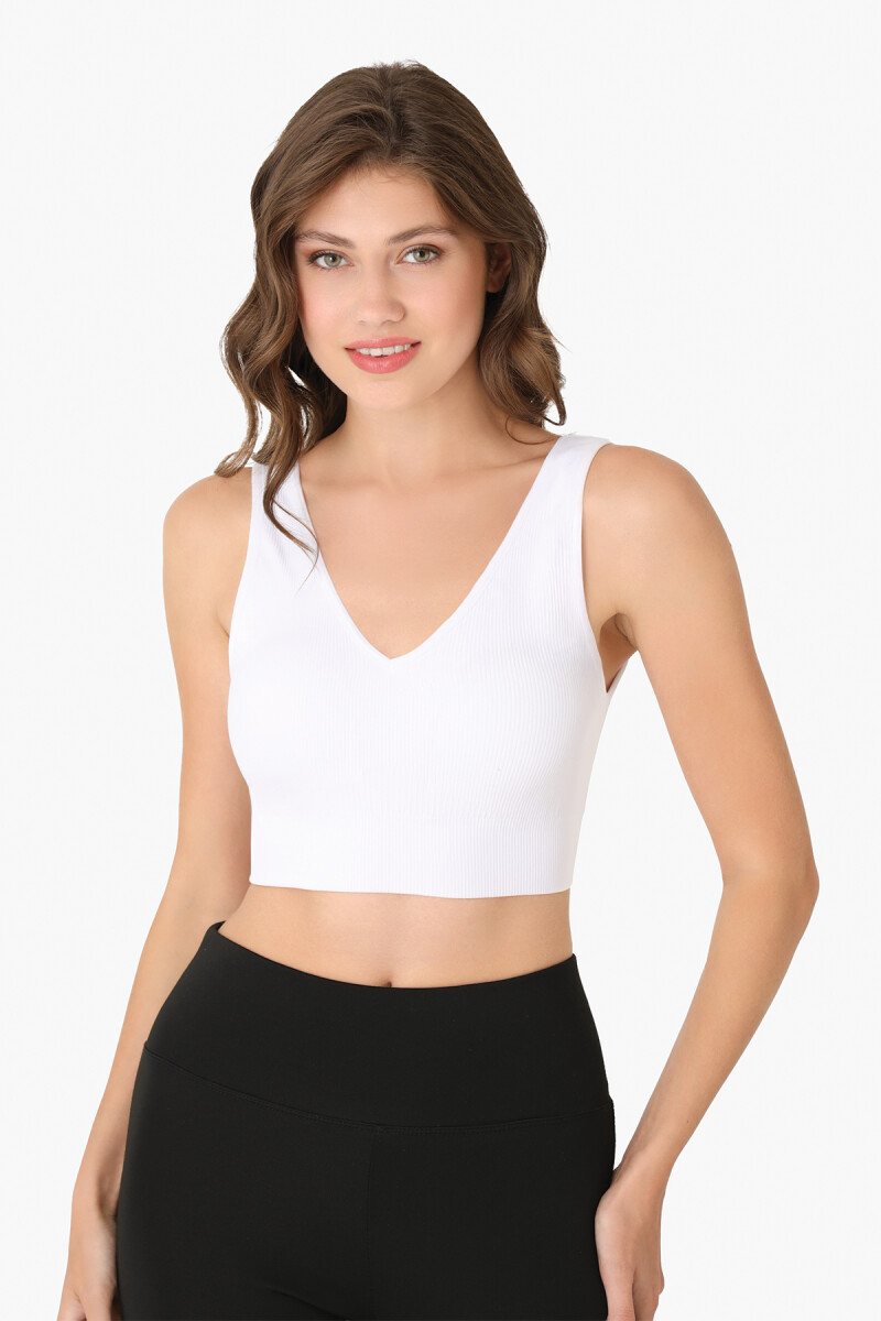 Beyaz Dikişsiz Kaplı V Yaka Büstiyer - 1