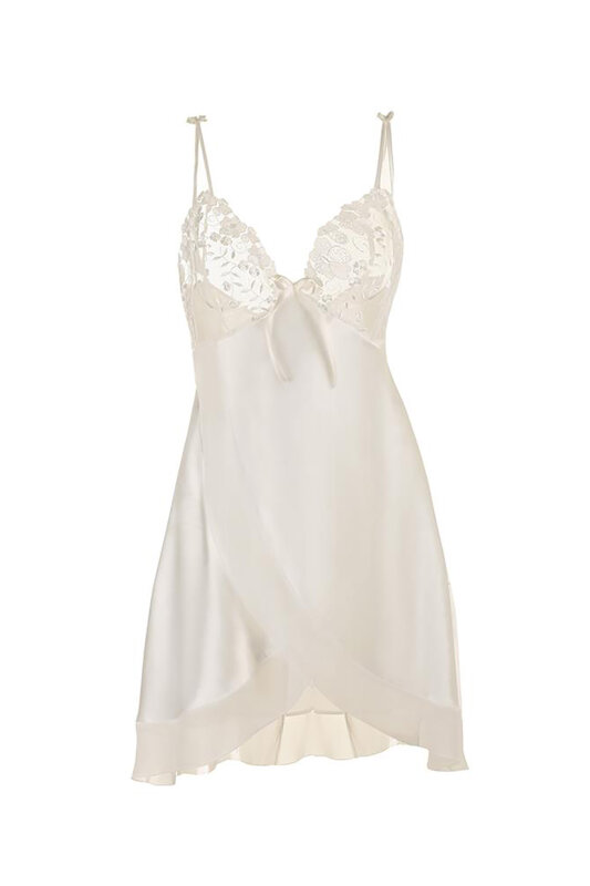 Beyaz Fantezi Saten Gecelik Sabahlık Takım - NBB