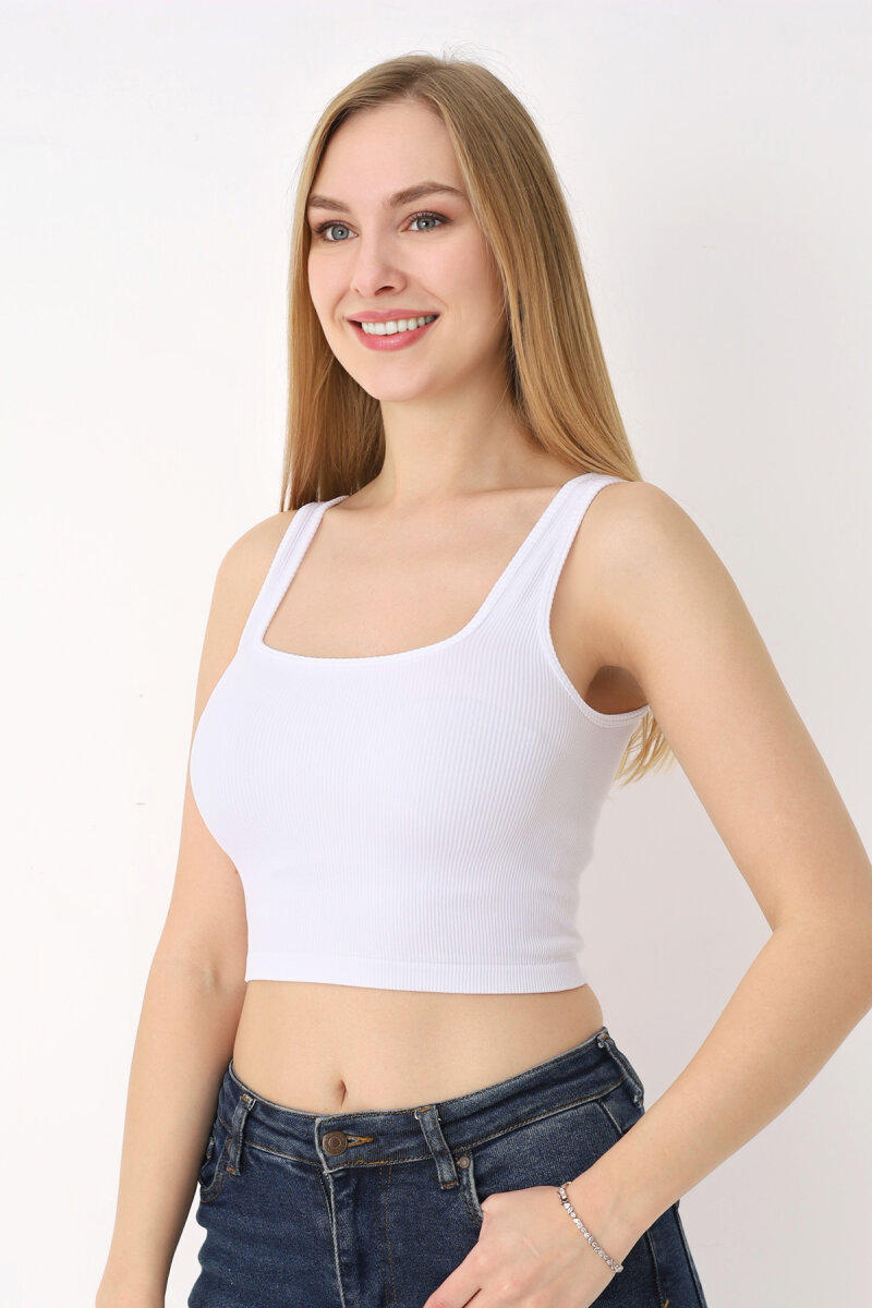 Beyaz Kare Yaka Dikişsiz Crop Body - 1