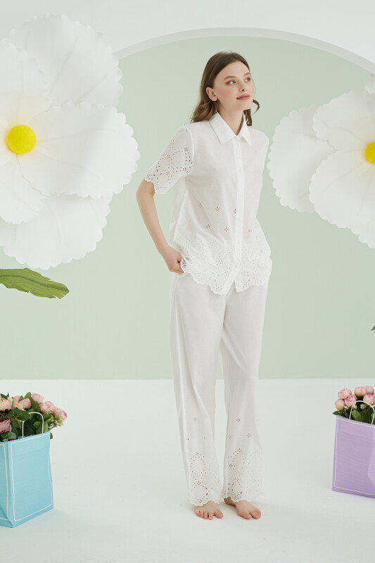 Beyaz Önden Düğmeli Pijama Takım - NBB