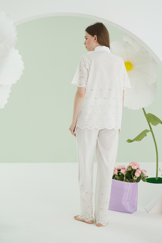 Beyaz Önden Düğmeli Pijama Takım - NBB