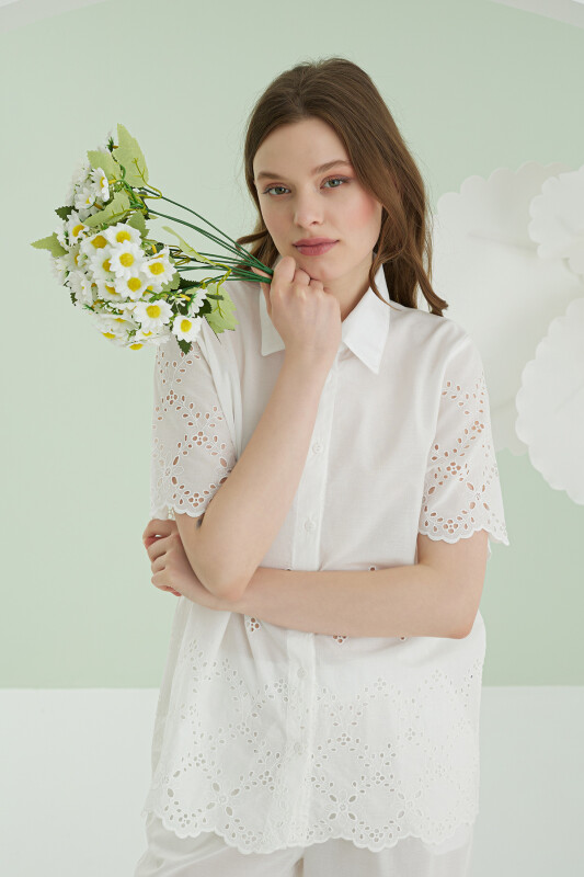 Beyaz Önden Düğmeli Pijama Takım - NBB