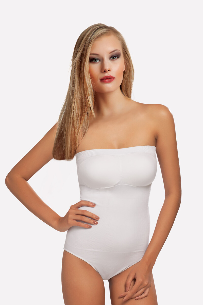 Beyaz Straplez Çıtçıtlı Dikişsiz Kaplı Body - 1