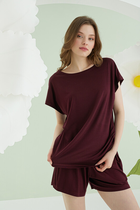 Bordo Aria Viskon Şortlu Pijama Takımı - Thumbnail