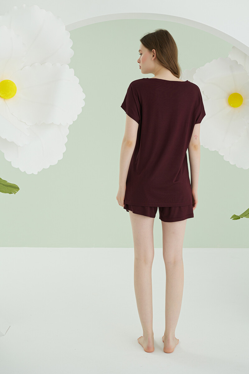 Bordo Aria Viskon Şortlu Pijama Takımı - 3