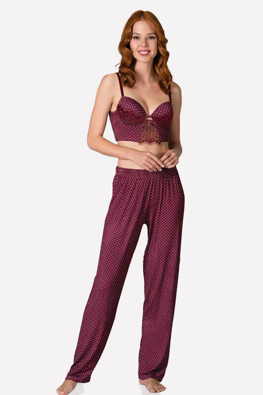 Bordo Dantel Detaylı Puantiyeli Pijama Takımı 