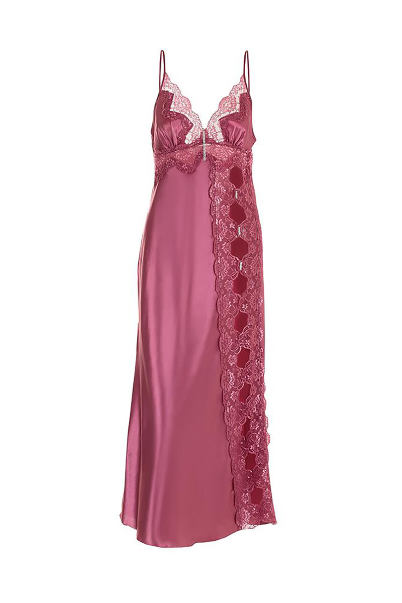 Bordo Dantelli Uzun Saten Gecelik - 1