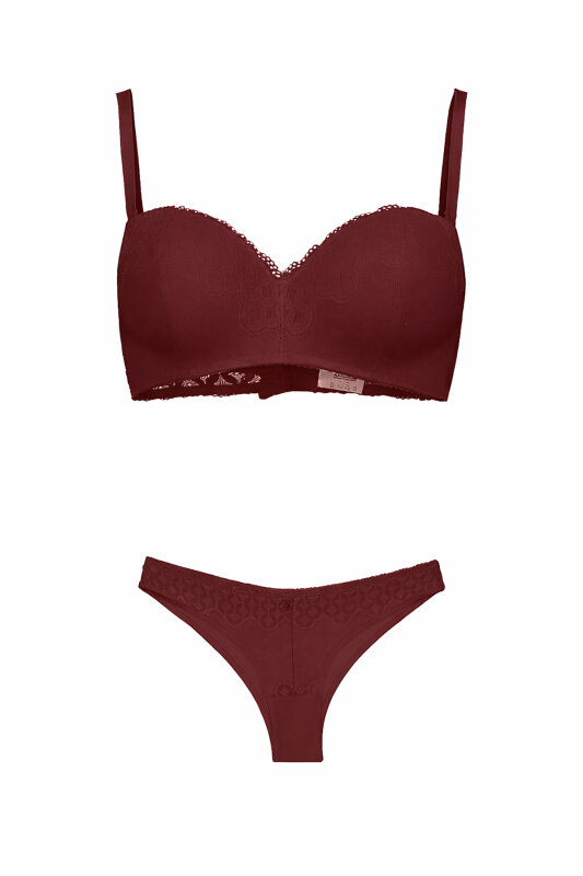 Bordo Desteksiz Straplez Sütyen Külot Takım - NBB