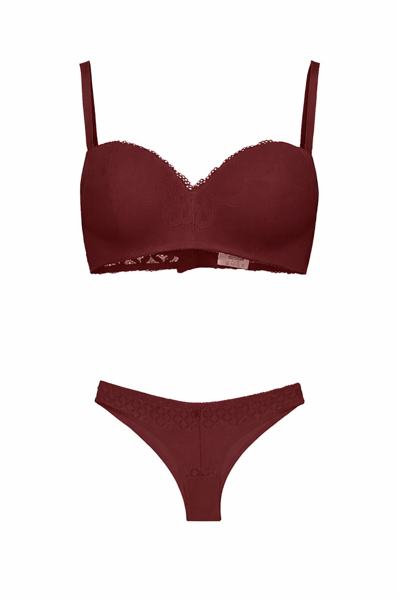 Bordo Desteksiz Straplez Sütyen Külot Takım - 2