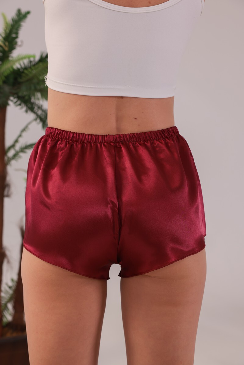 Bordo Jumelles Saten Desensiz Tek Şort - 3