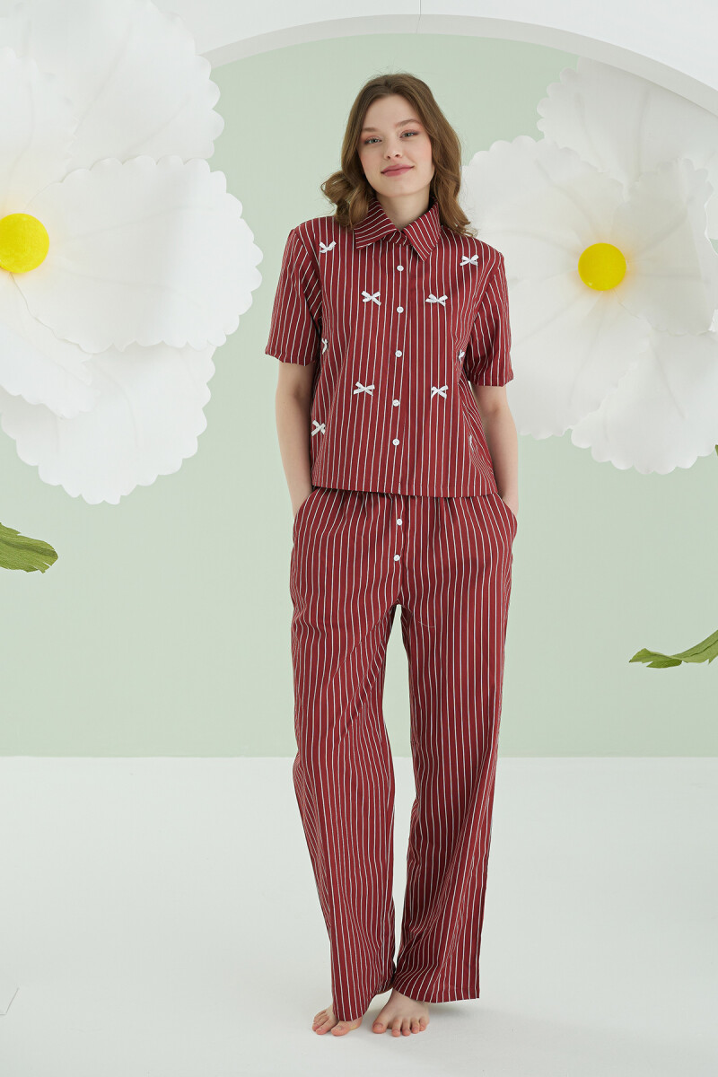 Bordo Kurdele Önden Düğmeli Pijama Takım - 1