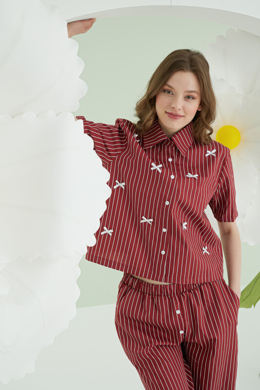 Bordo Kurdele Önden Düğmeli Pijama Takım - NBB