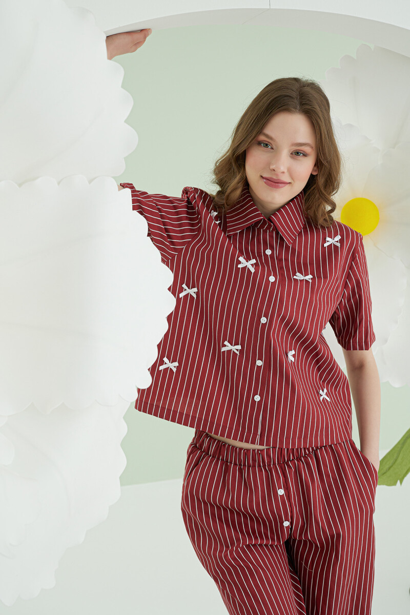 Bordo Kurdele Önden Düğmeli Pijama Takım - 2