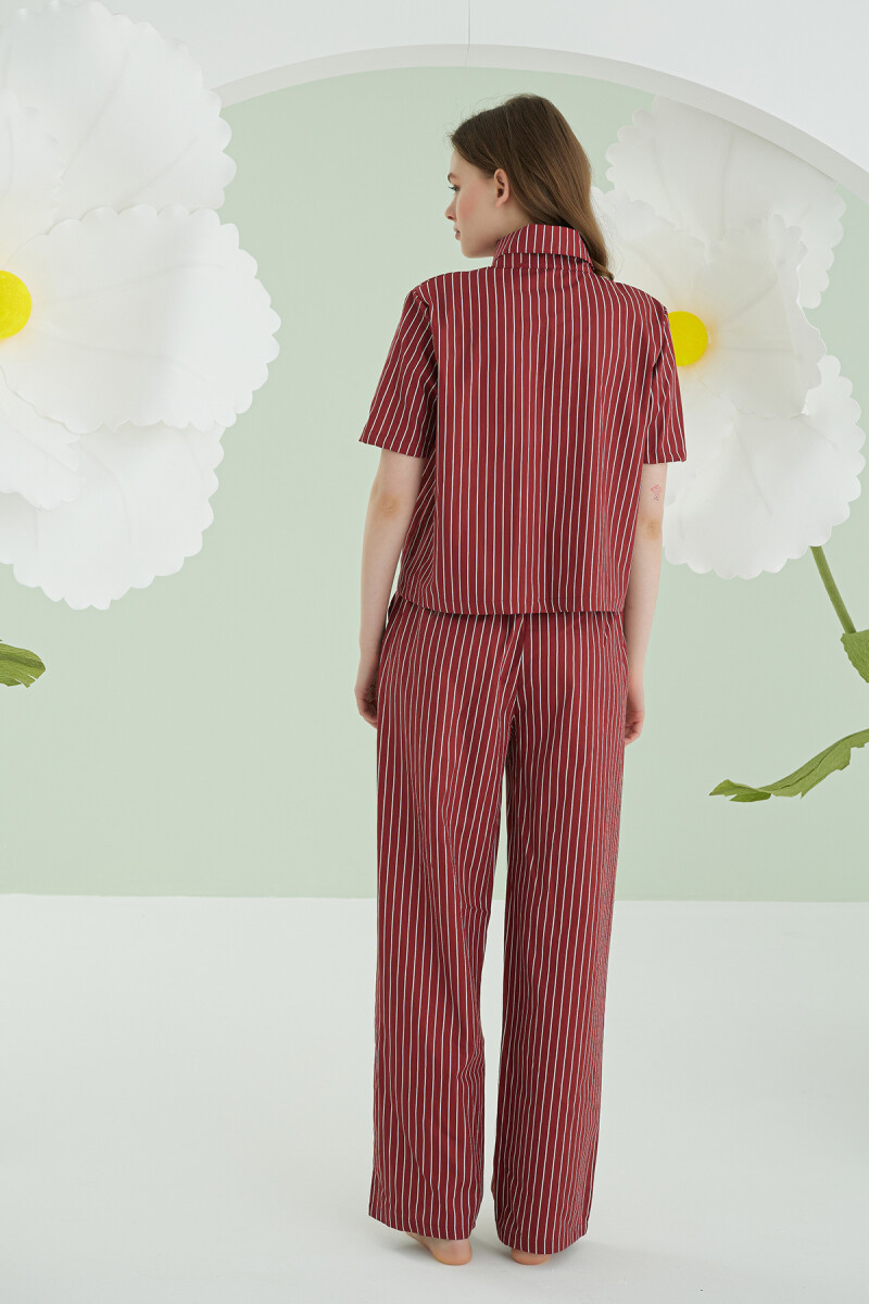 Bordo Kurdele Önden Düğmeli Pijama Takım - 3