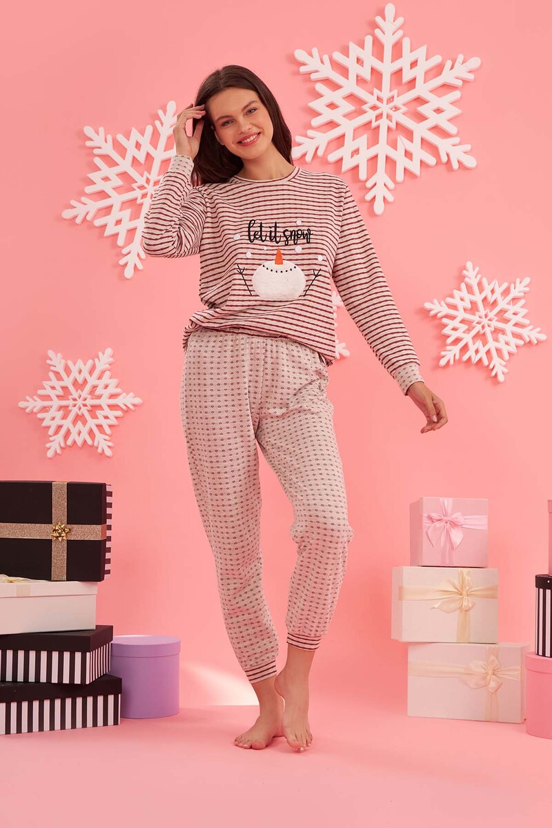 Bordo Let it Snow Striped Pijama Takımı - 1