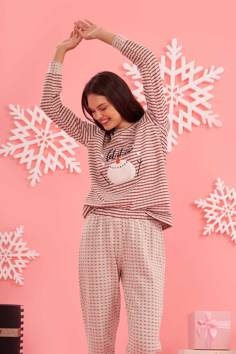 Bordo Let it Snow Striped Pijama Takımı - 2
