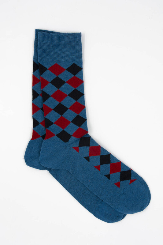 Bordo Mavi Desenli Soket Çorap - Thumbnail