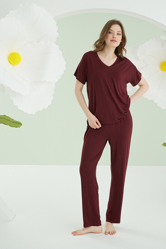 Bordo Modal V Yaka Pijama Takımı - Thumbnail