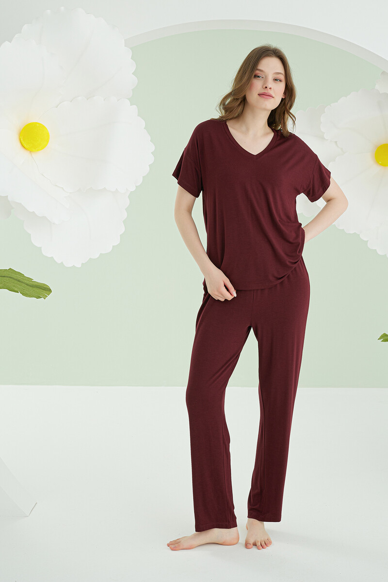 Bordo Modal V Yaka Pijama Takımı - 1