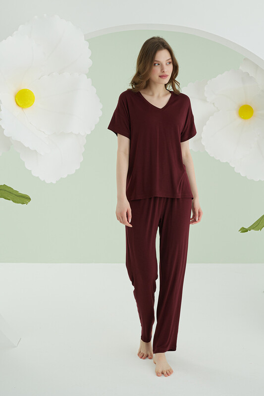 Bordo Modal V Yaka Pijama Takımı - Thumbnail
