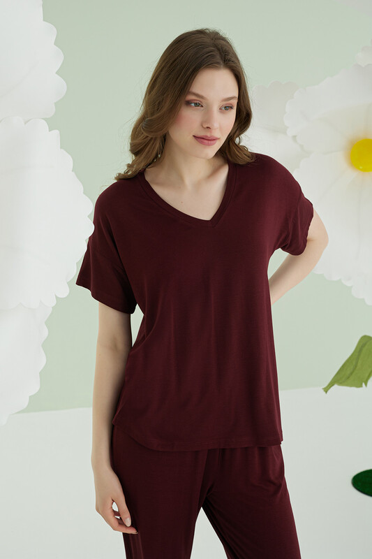 Bordo Modal V Yaka Pijama Takımı - Thumbnail