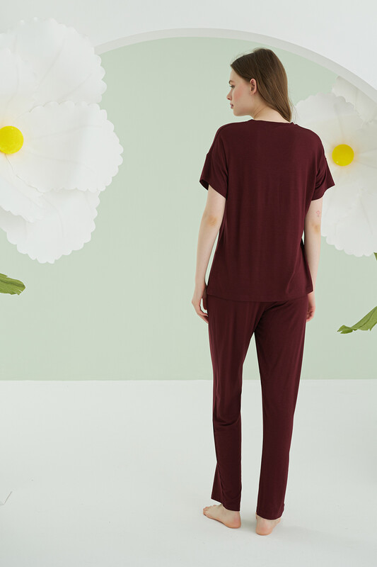 Bordo Modal V Yaka Pijama Takımı - Thumbnail