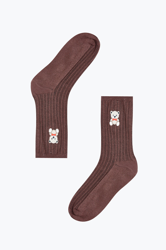 Bordo Nakışlı Ayıcık Desenli Uzun Soket Çorap 