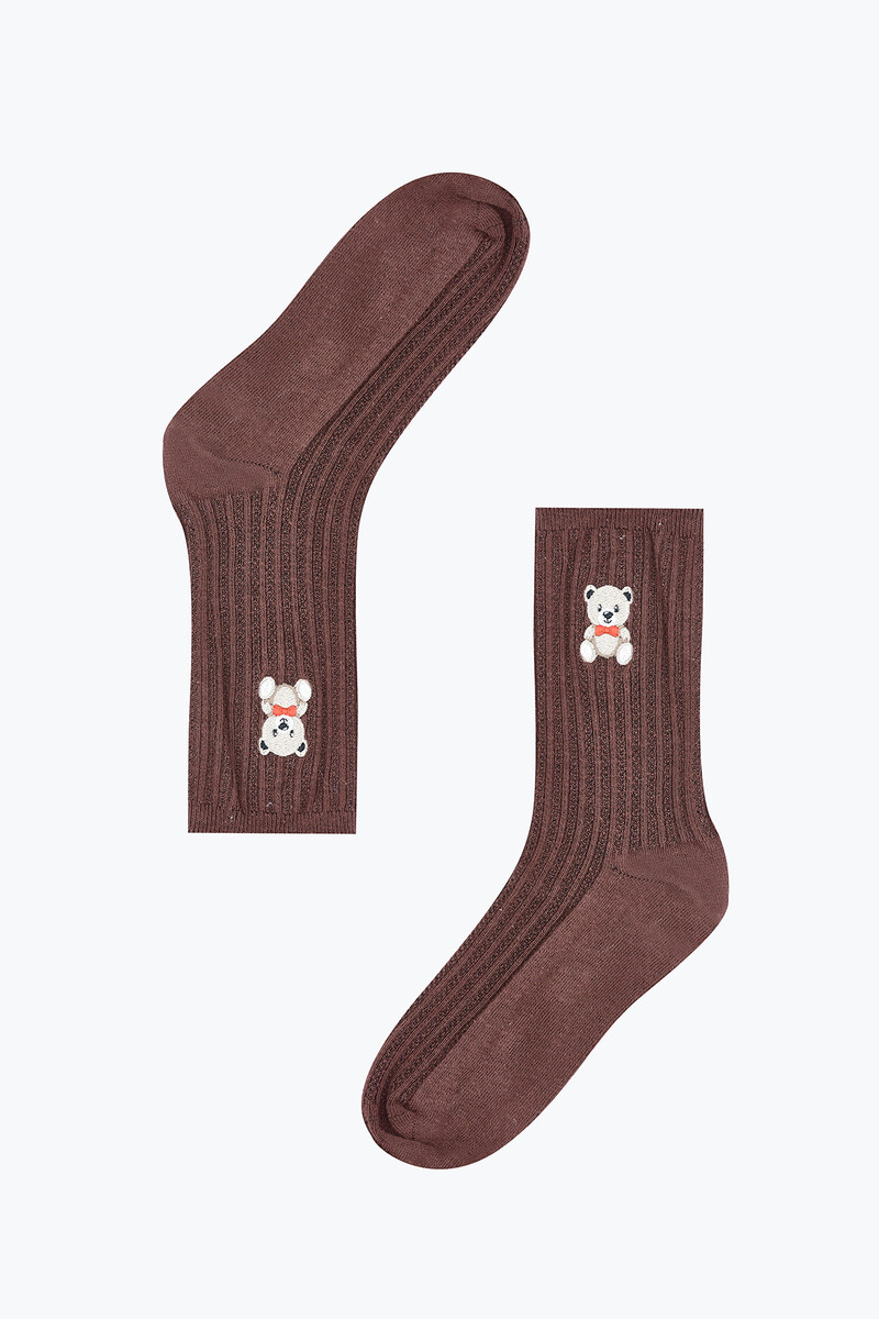 Bordo Nakışlı Ayıcık Desenli Uzun Soket Çorap - 1