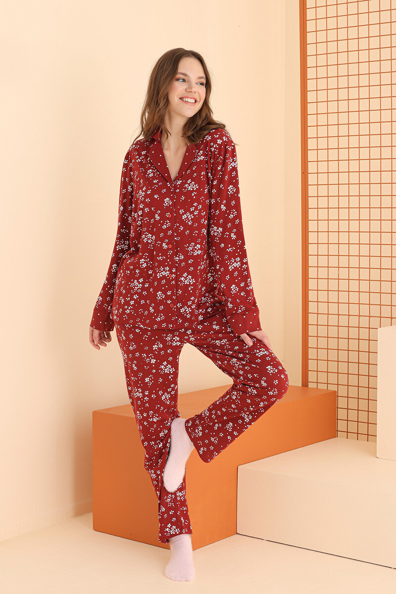 Bordo Önden Düğmeli Pijama Takım - 2