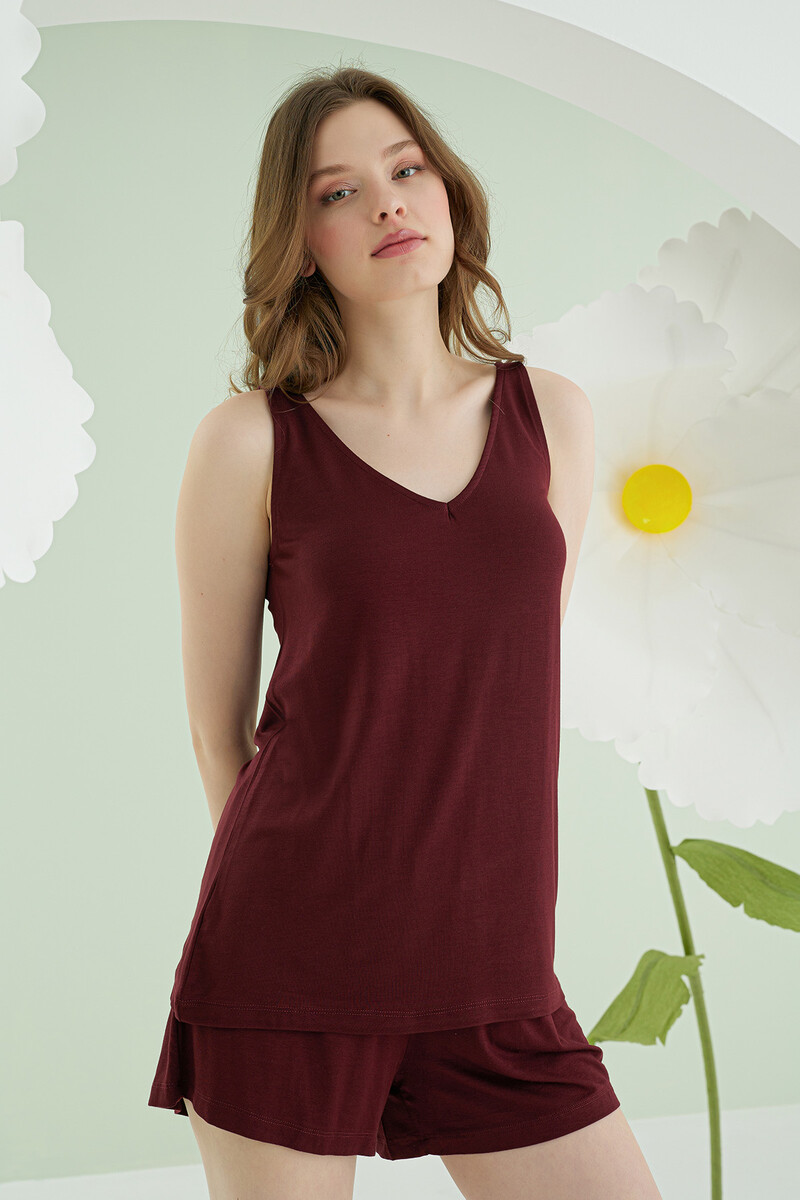 Bordo V Yaka Şortlu Pijama Takımı - 1