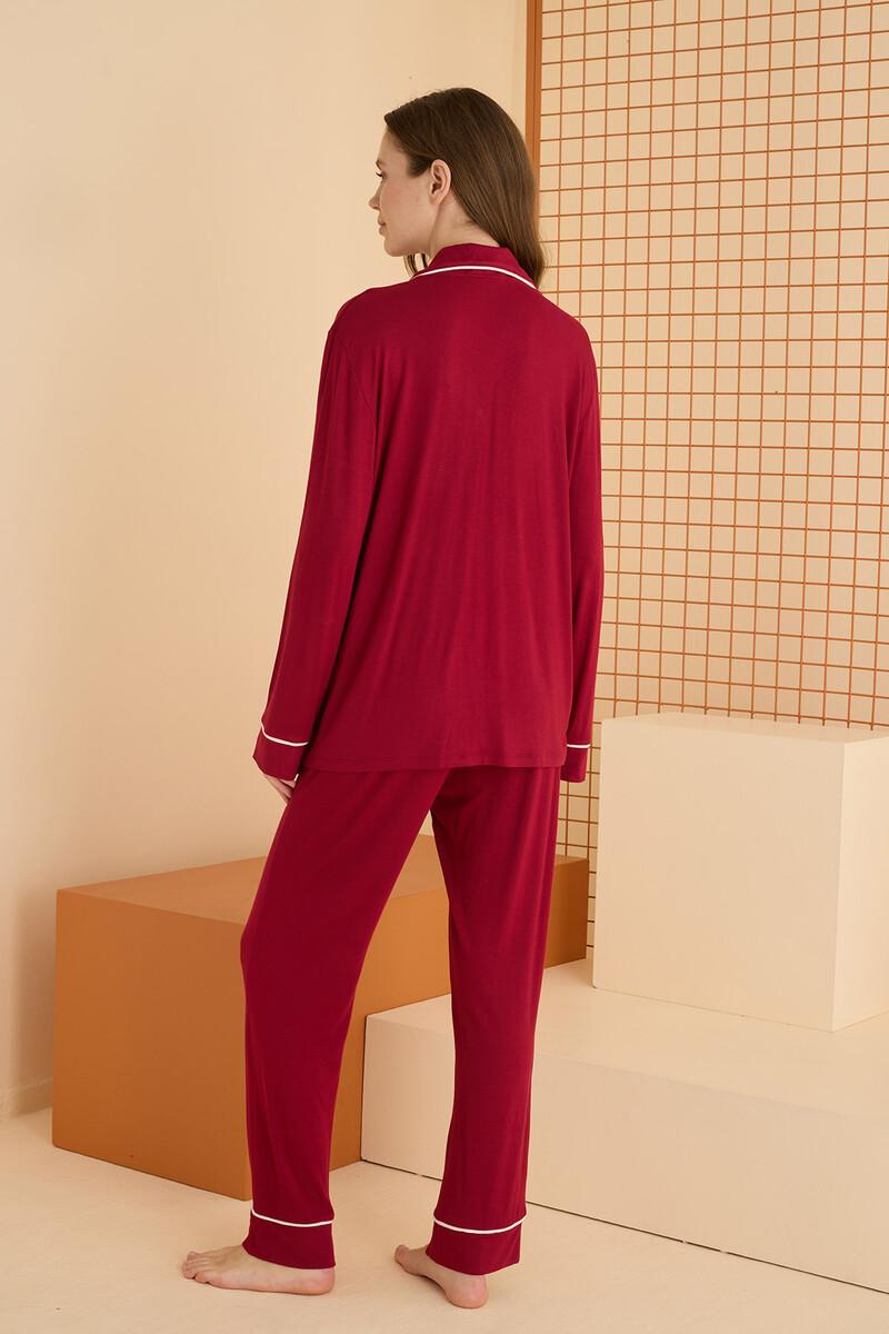 Bordo Viskon Önden Düğmeli Pijama Takımı - 4