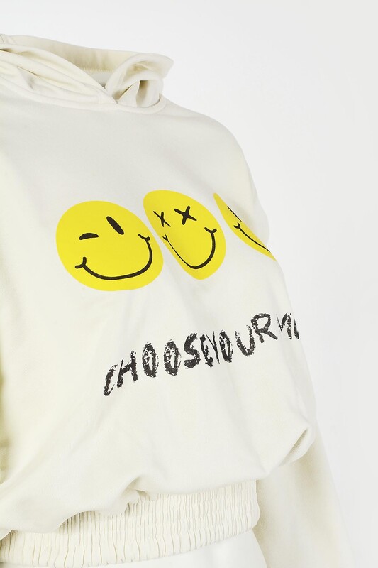 Ekru Choose Your Mood Kapüşonlu Crop Sweatshirt - Thumbnail